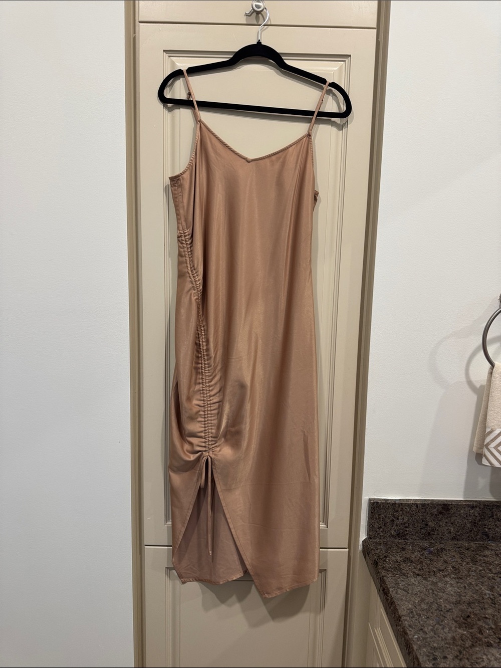 Neutral Tan Satin Midi Slip Dress with Side Ruching